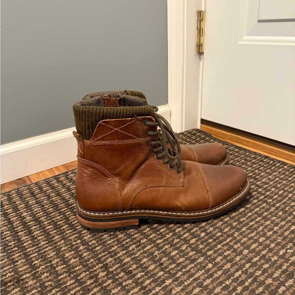 Crevo Men's Brown Leather Lace-Up Boots with Knit Collar